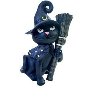 Whimsical Black Cat Witch Figurine with Broom – Cute Halloween Resin Decor
